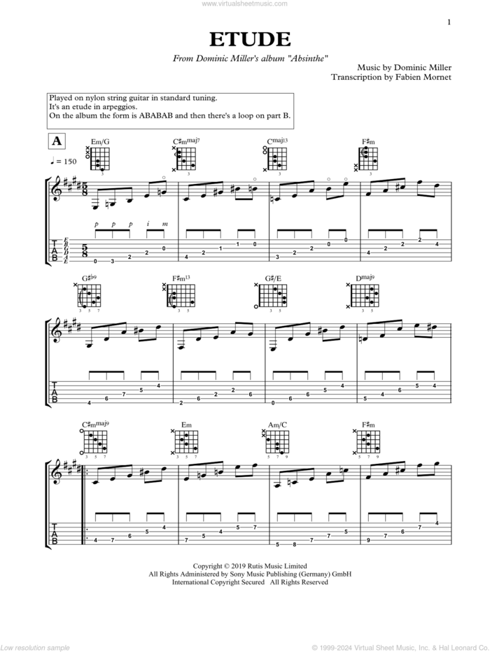Etude sheet music for guitar solo by Dominic Miller, classical score, intermediate skill level