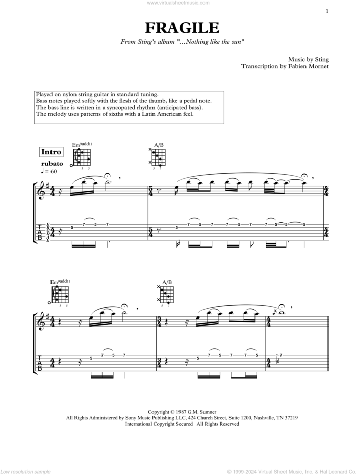 Fragile sheet music for guitar solo by Dominic Miller and Sting, intermediate skill level