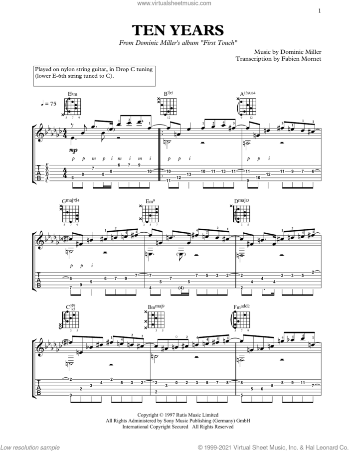 Ten Years sheet music for guitar solo by Dominic Miller, classical score, intermediate skill level
