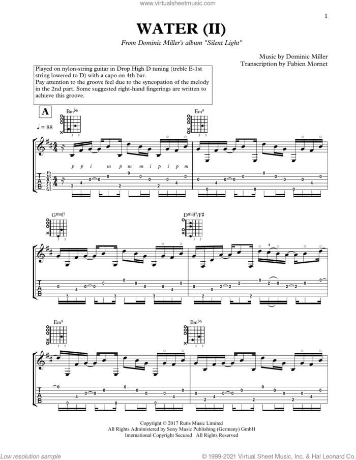Water (II) sheet music for guitar solo by Dominic Miller, classical score, intermediate skill level