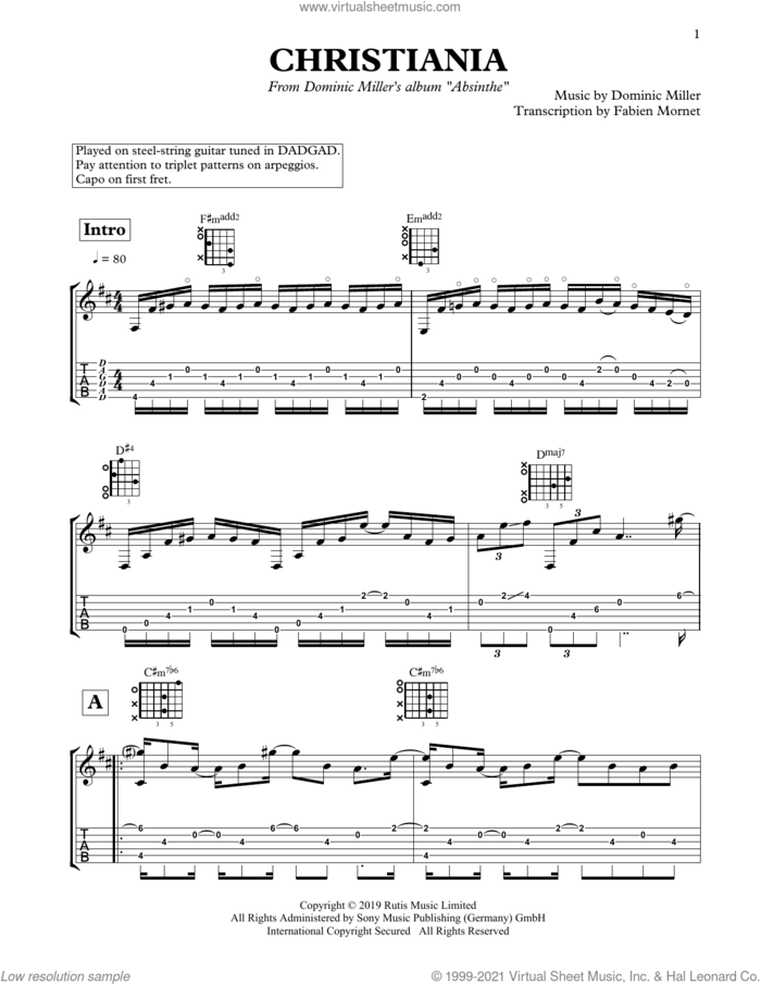 Christiania sheet music for guitar solo by Dominic Miller, classical score, intermediate skill level
