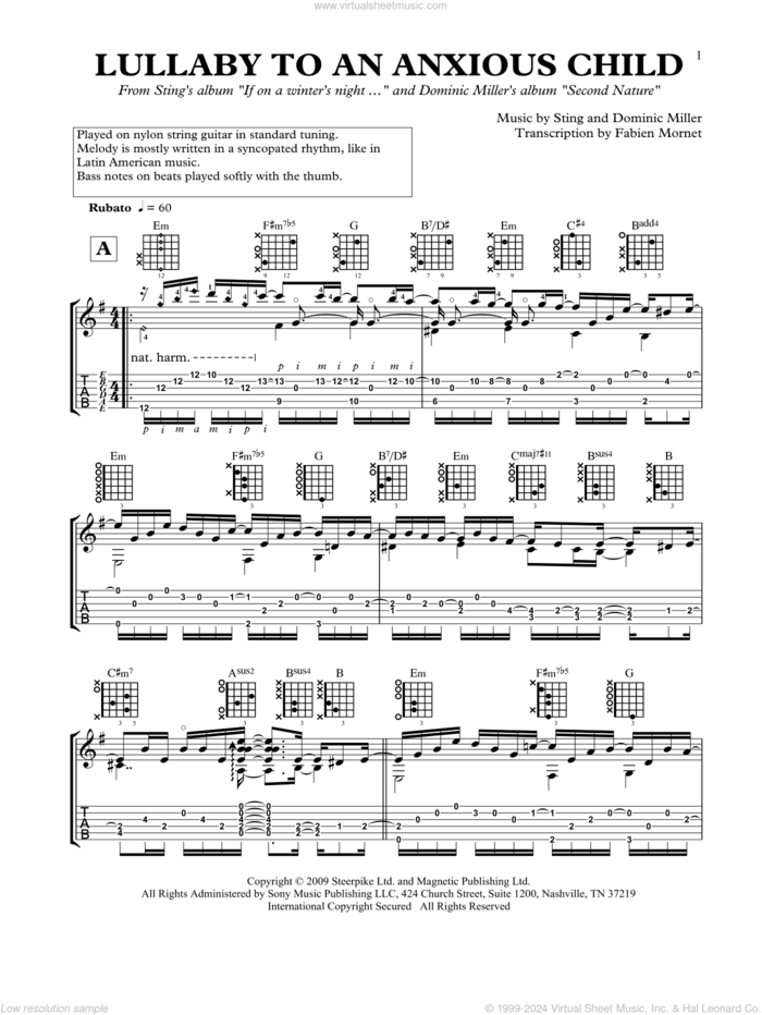 Lullaby To An Anxious Child sheet music for guitar solo by Dominic Miller and Sting, classical score, intermediate skill level