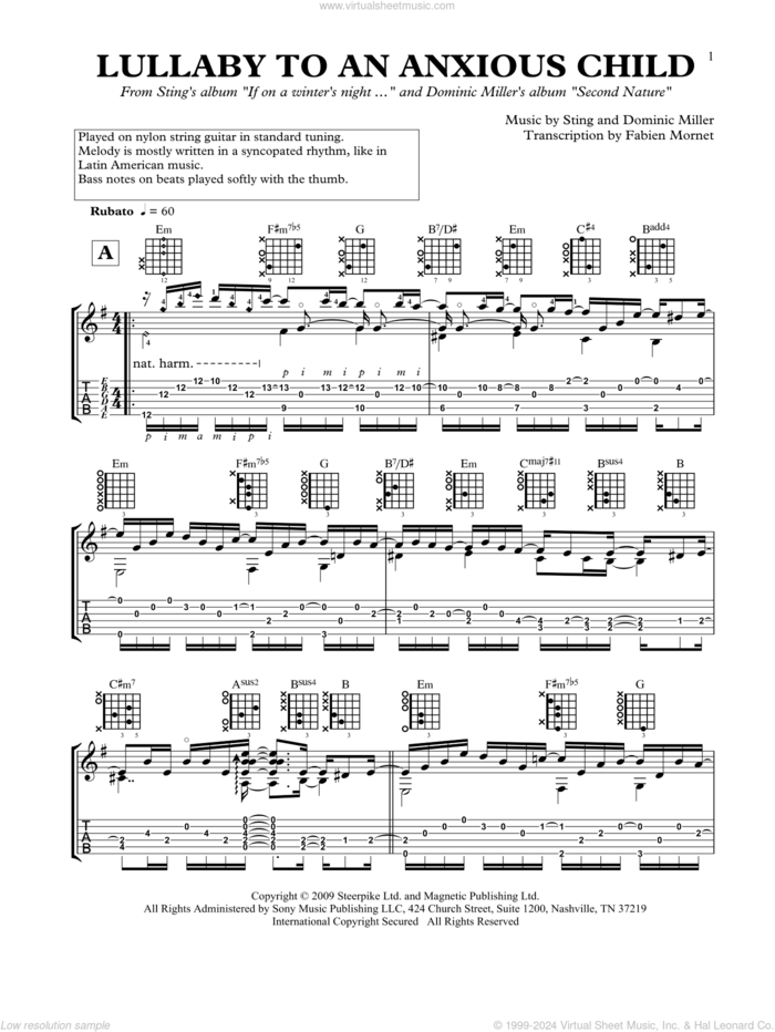 Lullaby To An Anxious Child sheet music for guitar solo by Dominic Miller and Sting, classical score, intermediate skill level