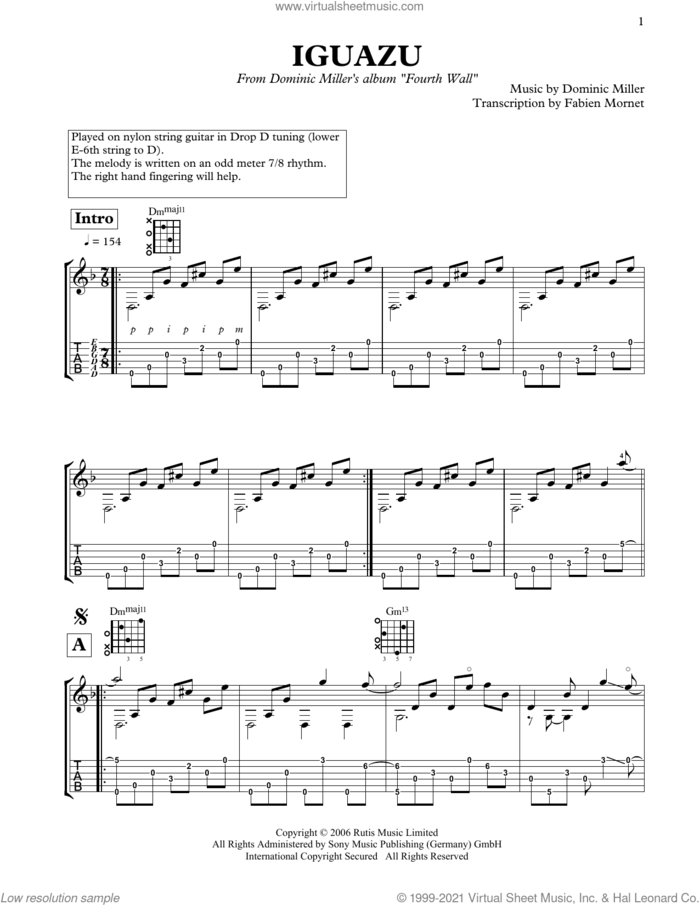 Iguazu sheet music for guitar solo by Dominic Miller, classical score, intermediate skill level