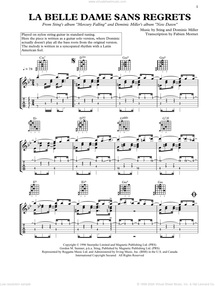 La Belle Dame Sans Regrets sheet music for guitar solo by Dominic Miller and Sting, classical score, intermediate skill level