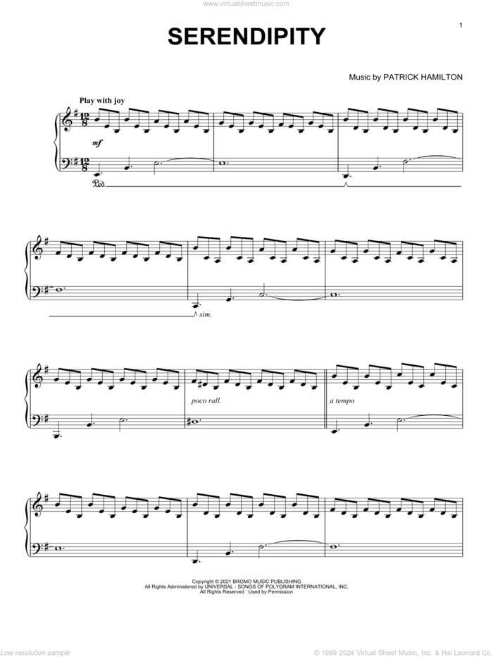 Serendipity sheet music for piano solo by Patrick Hamilton, classical score, intermediate skill level
