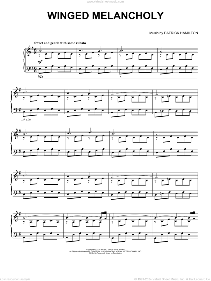 Winged Melancholy sheet music for piano solo by Patrick Hamilton, classical score, intermediate skill level