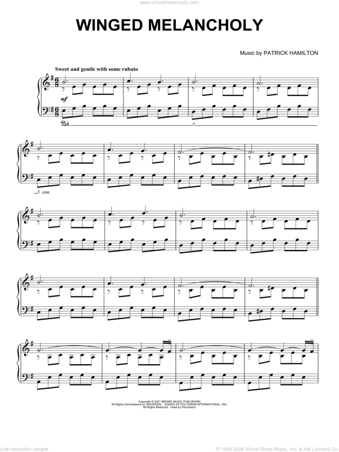 Winged Melancholy, (intermediate) sheet music for piano solo by Patrick Hamilton, classical score, intermediate skill level