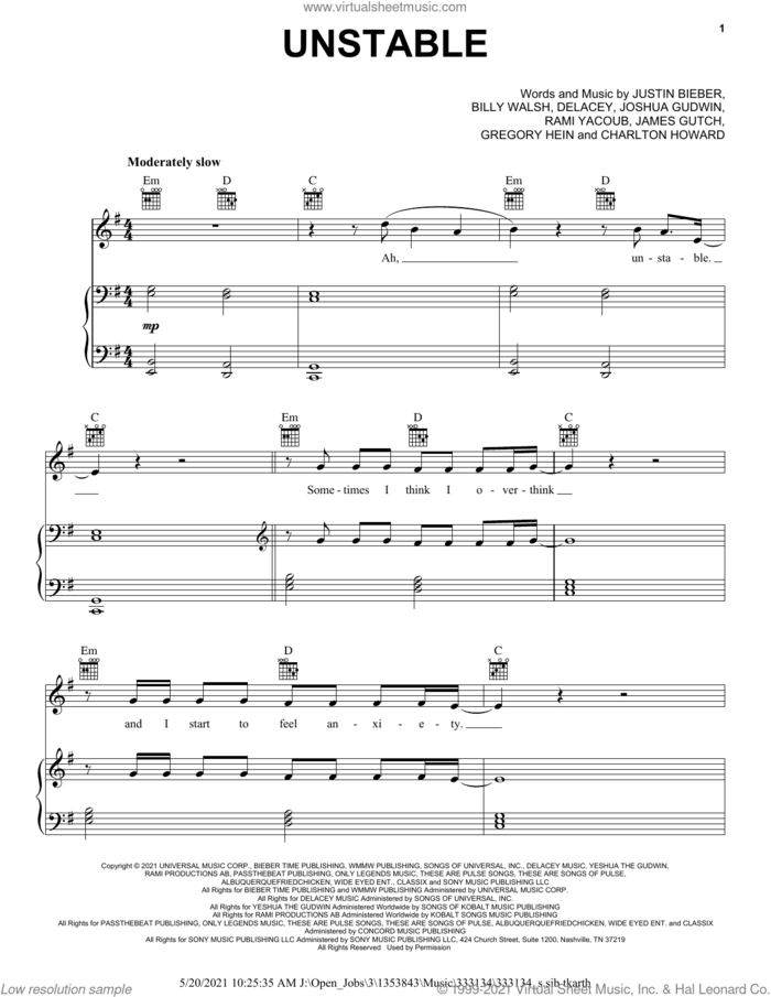 Unstable (feat. The Kid LAROI) sheet music for voice, piano or guitar by Justin Bieber, Billy Walsh, Charlton Howard, Delacey (Brittany Amaradio), Gregory Hein, James Gutch, Joshua Gudwin and Rami, intermediate skill level