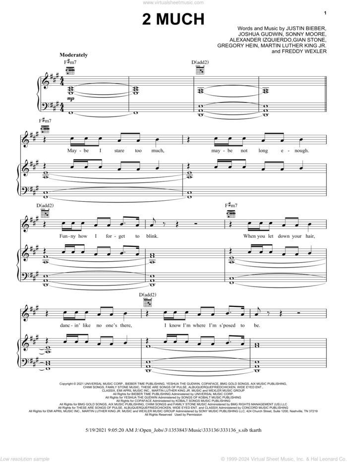 2 Much sheet music for voice, piano or guitar by Justin Bieber, Alexander Izquierdo, Freddy Wexler, Gian Stone, Gregory Hein, Joshua Gudwin, Martin Luther King Jr. and Sonny Moore, intermediate skill level