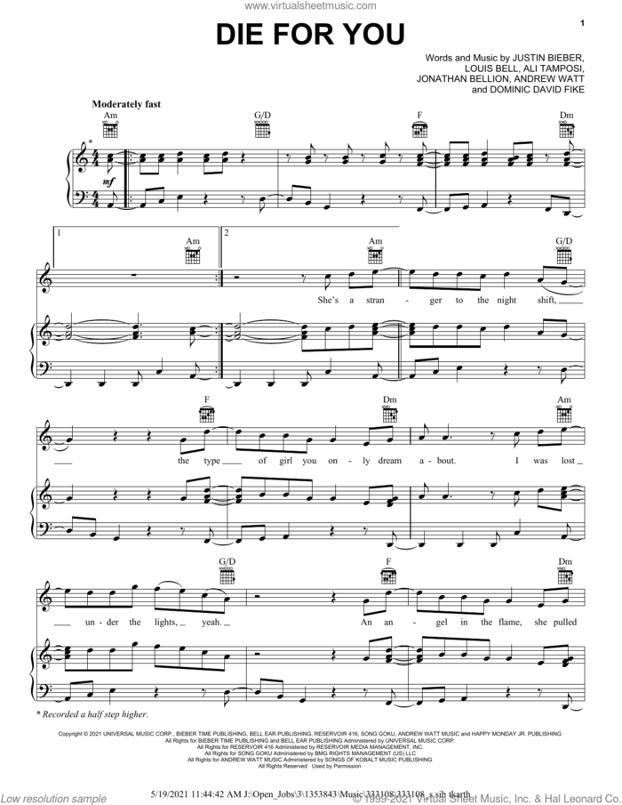 Die For You (feat. Dominic Fike) sheet music for voice, piano or guitar by Justin Bieber, Ali Tamposi, Andrew Watt (Andrew Wotman), Dominic David Fike, Jonathan Bellion and Louis Bell, intermediate skill level