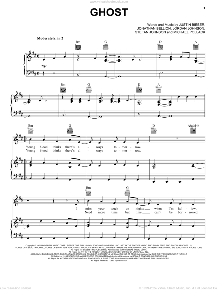 Ghost sheet music for voice, piano or guitar by Justin Bieber, Jonathan Bellion, Jordan Johnson, Michael Pollack and Stefan Johnson, intermediate skill level