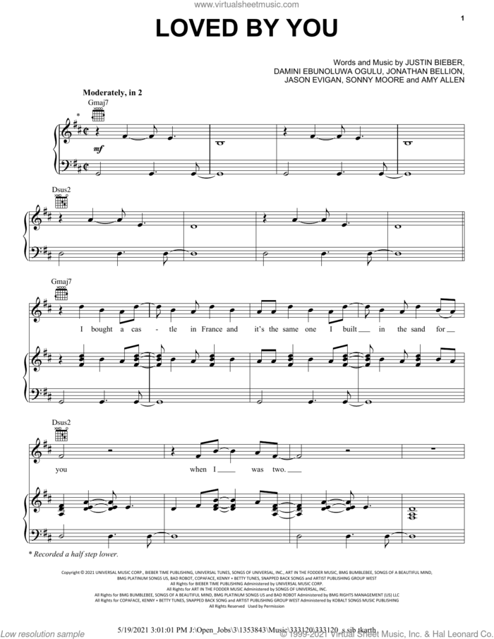 Loved By You (feat. Burna Boy) sheet music for voice, piano or guitar by Justin Bieber, Amy Allen, Damini Ebunoluwa Ogulu, Jason Evigan, Jonathan Bellion and Sonny Moore, intermediate skill level