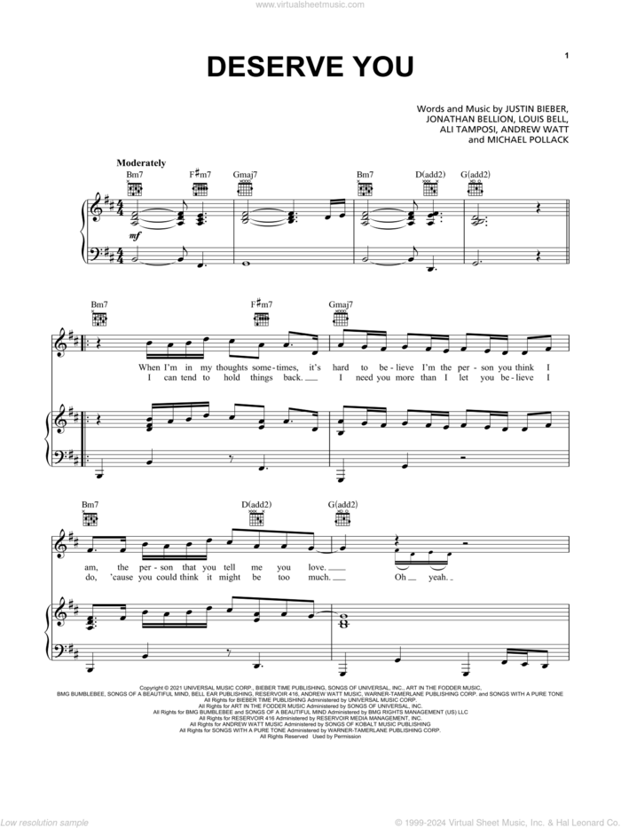 Deserve You sheet music for voice, piano or guitar by Justin Bieber, Ali Tamposi, Andrew Watt (Andrew Wotman), Jonathan Bellion, Louis Bell and Michael Pollack, intermediate skill level