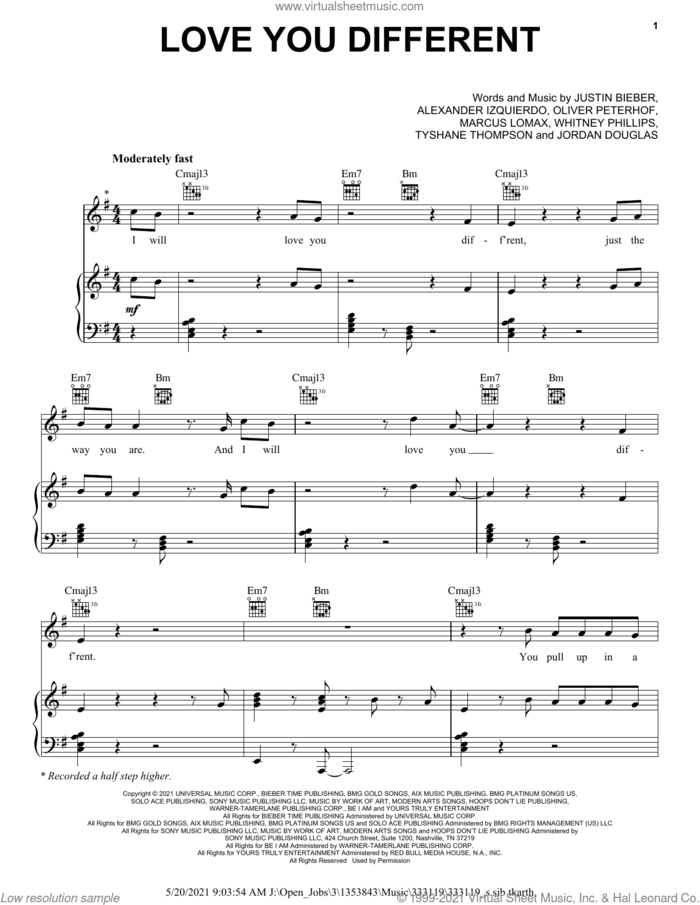 Love You Different (feat. BEAM) sheet music for voice, piano or guitar by Justin Bieber, Alexander Izquierdo, Jordan Douglas, Marcus Lomax, Oliver Peterhof, Tyshane Thompson and Whitney Phillips, intermediate skill level
