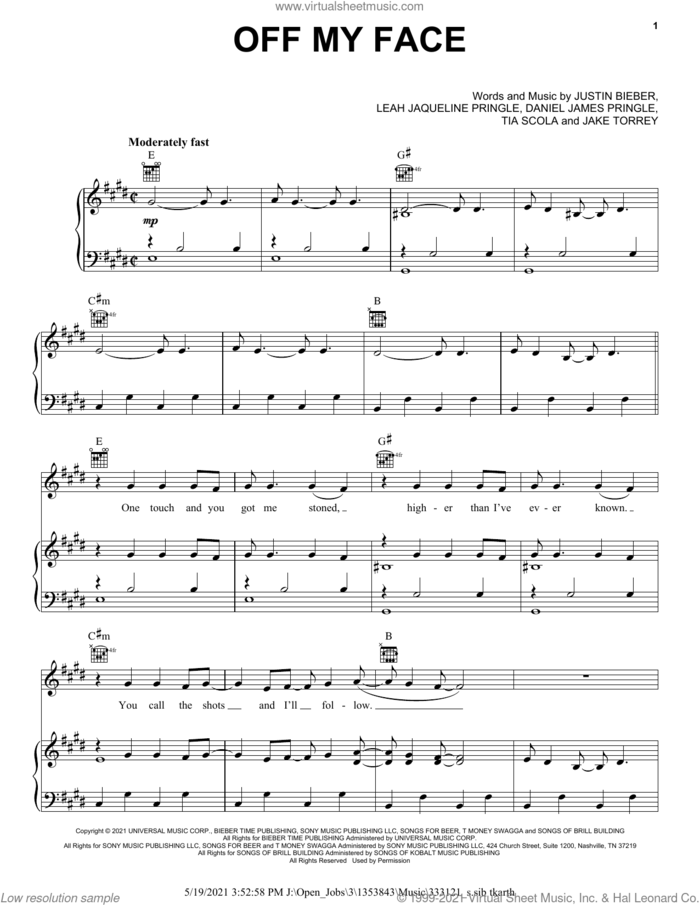 Off My Face sheet music for voice, piano or guitar by Justin Bieber, Daniel James Pringle, Jake Torrey, Leah Jaqueline Pringle and Tia Scola, intermediate skill level