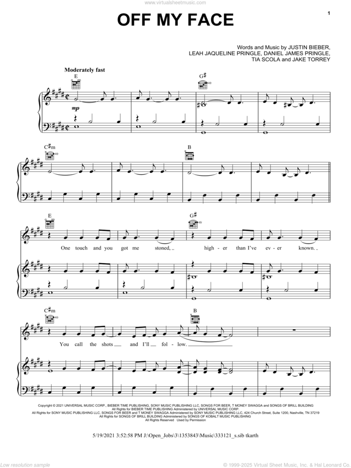 Off My Face sheet music for voice, piano or guitar by Justin Bieber, Daniel James Pringle, Jake Torrey, Leah Jaqueline Pringle and Tia Scola, intermediate skill level