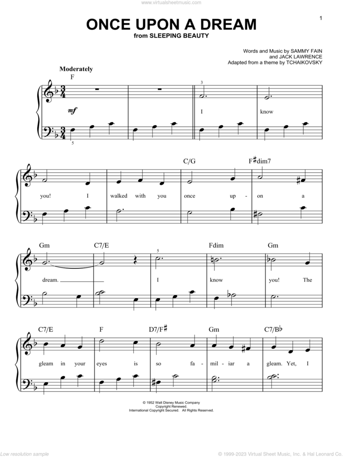 Once Upon A Dream (from Sleeping Beauty), (beginner) (from Sleeping Beauty) sheet music for piano solo by Sammy Fain and Jack Lawrence, beginner skill level
