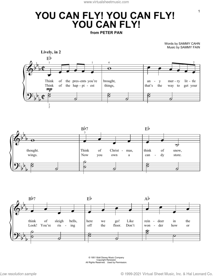 You Can Fly! You Can Fly! You Can Fly! (from Peter Pan), (beginner) sheet music for piano solo by Sammy Cahn and Sammy Fain, beginner skill level