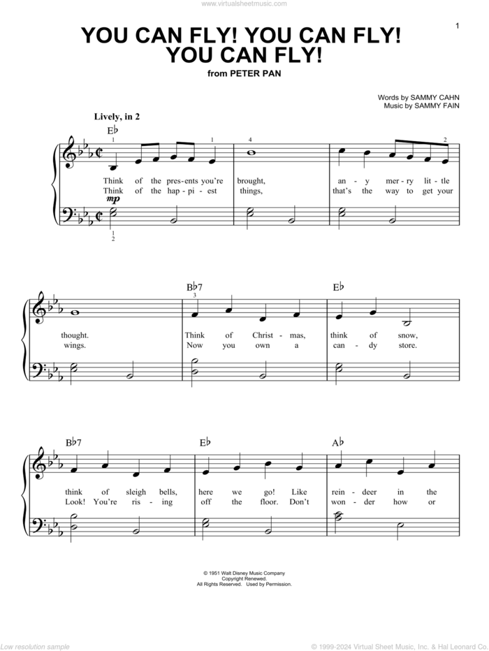 You Can Fly! You Can Fly! You Can Fly! (from Peter Pan), (beginner) sheet music for piano solo by Sammy Cahn and Sammy Fain, beginner skill level