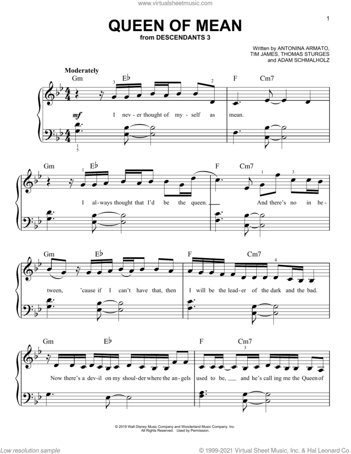 Queen Of Mean (from Disney's Descendants 3) sheet music for piano solo by Sarah Jeffery, Adam Schmalholz, Antonina Armato, Thomas Sturges and Tim James, beginner skill level