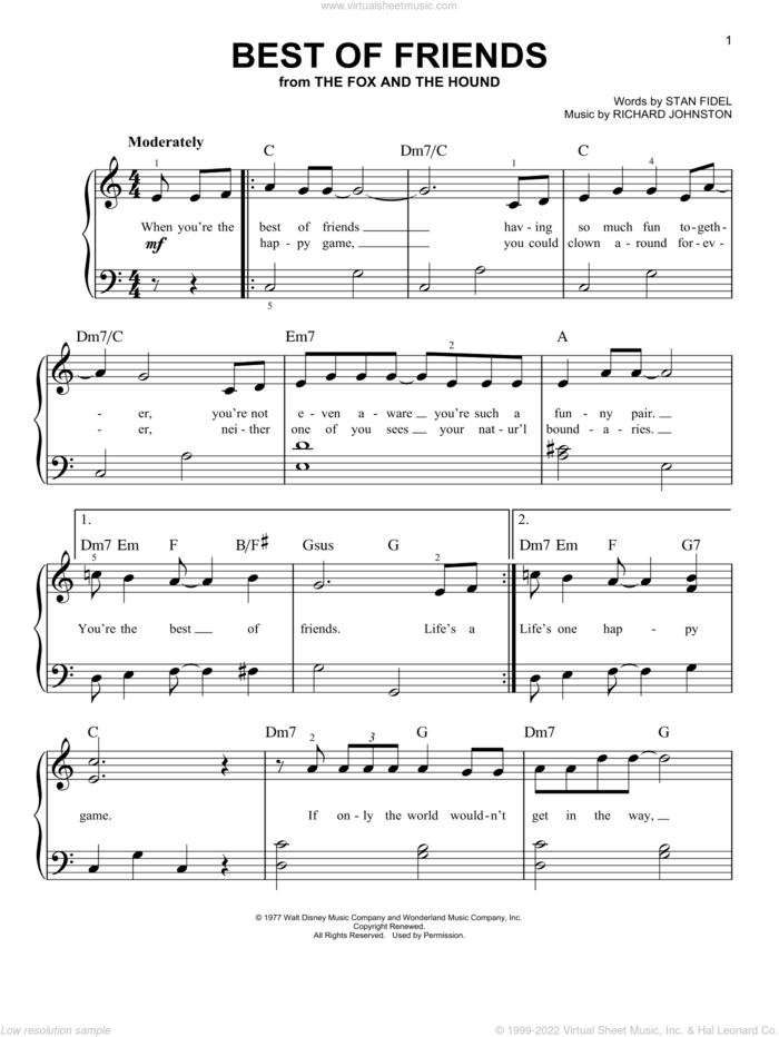 Best Of Friends (from The Fox And The Hound) sheet music for piano solo by Richard Johnston, Pearl Bailey and Stan Fidel, beginner skill level