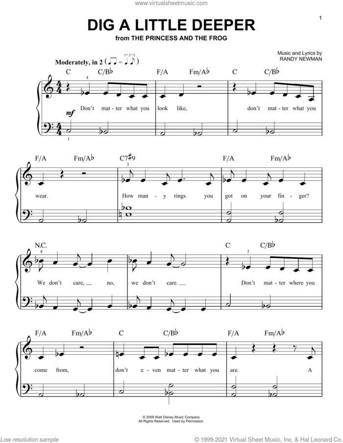 Dig A Little Deeper (from The Princess And The Frog) sheet music for piano solo by Randy Newman, beginner skill level