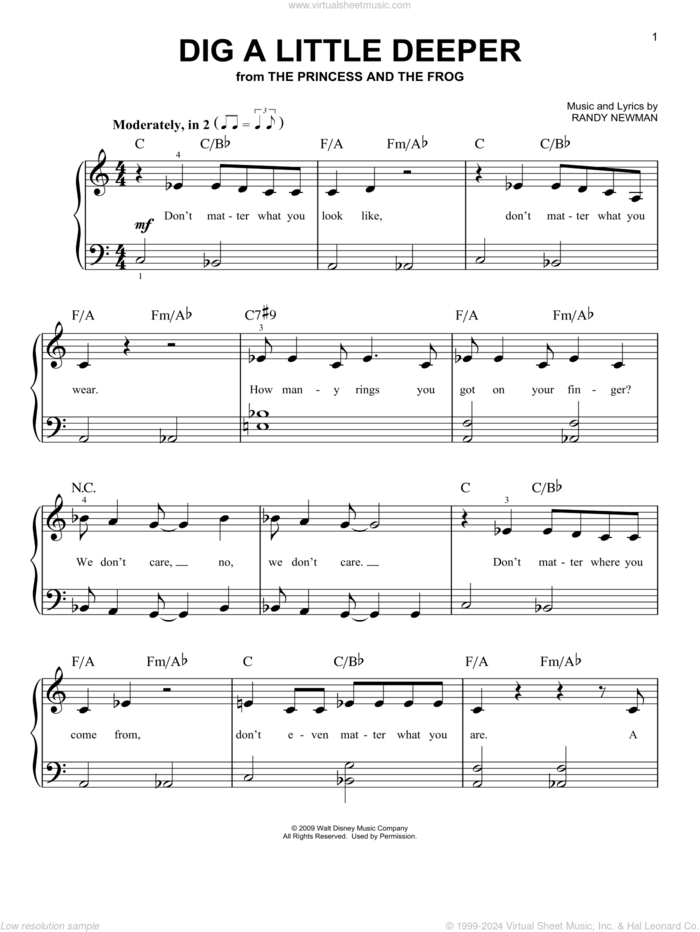 Dig A Little Deeper (from The Princess And The Frog) sheet music for piano solo by Randy Newman, beginner skill level