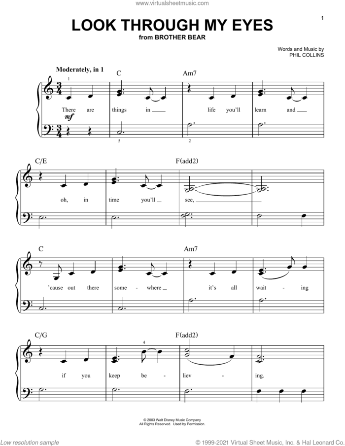 Look Through My Eyes (from Disney's Brother Bear) sheet music for piano solo by Phil Collins, beginner skill level