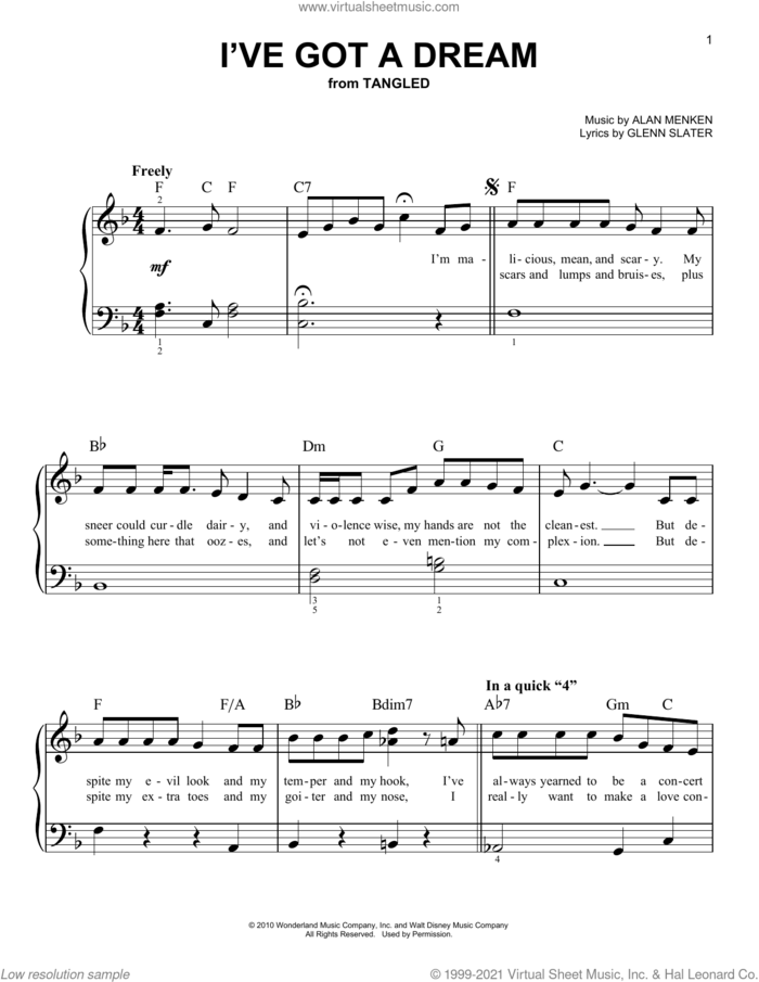 I've Got A Dream (from Tangled) sheet music for piano solo by Alan Menken, Mandy Moore and Glenn Slater, beginner skill level