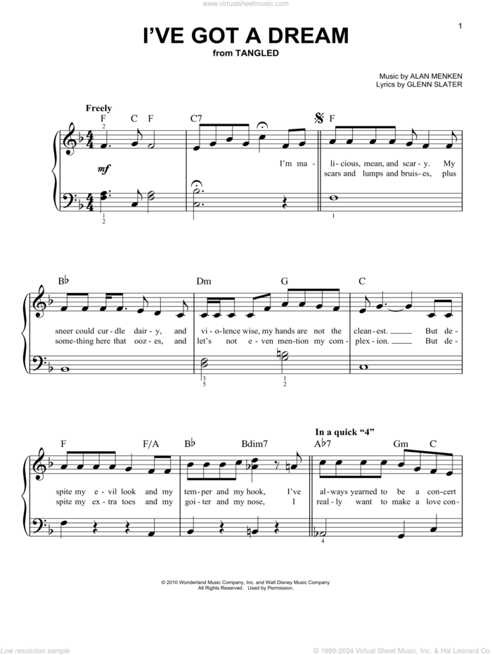 I've Got A Dream (from Tangled) sheet music for piano solo by Alan Menken, Mandy Moore and Glenn Slater, beginner skill level