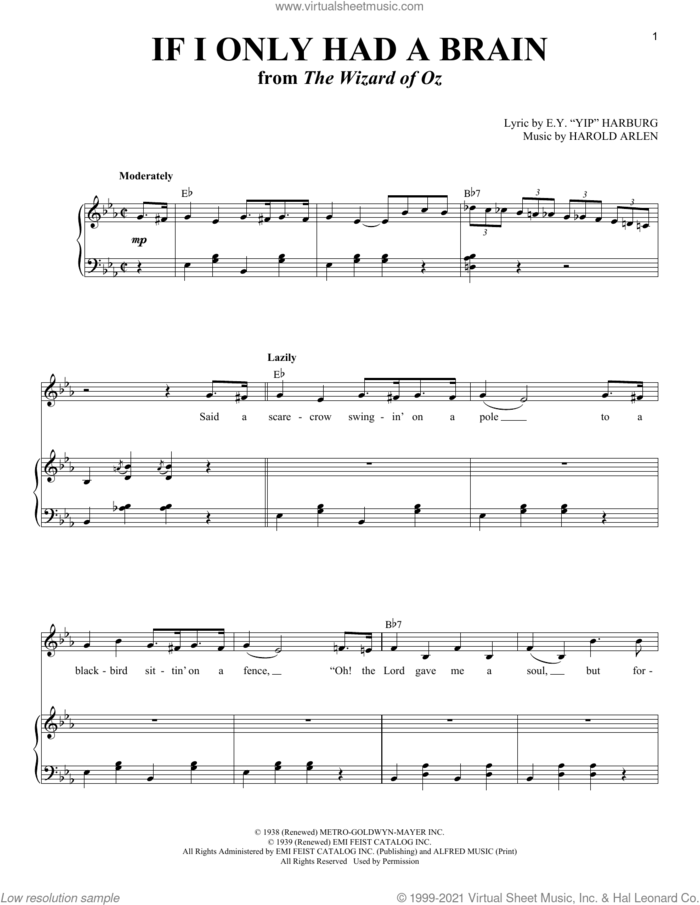 If I Only Had A Brain (from The Wizard Of Oz) sheet music for voice and piano by E.Y. 'Yip' Harburg and Harold Arlen, E.Y. Harburg and Harold Arlen, intermediate skill level