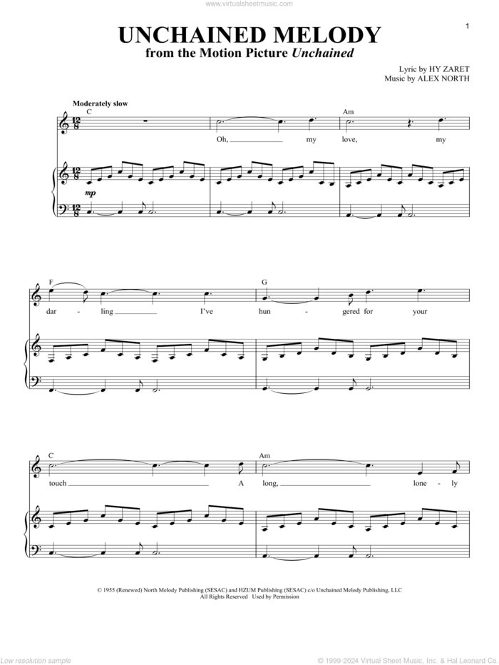 Unchained Melody (from Unchained) sheet music for voice and piano by The Righteous Brothers, Alex North and Hy Zaret, wedding score, intermediate skill level
