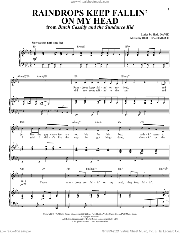 Raindrops Keep Fallin' On My Head (from Butch Cassidy And The Sundance Kid) sheet music for voice and piano by Bacharach & David, B.J. Thomas, Burt Bacharach and Hal David, intermediate skill level