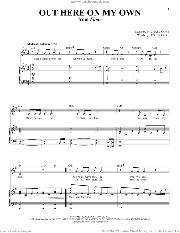 Out Here On My Own (from Fame) sheet music for voice and piano by Michael Gore and Lesley Gore, intermediate skill level