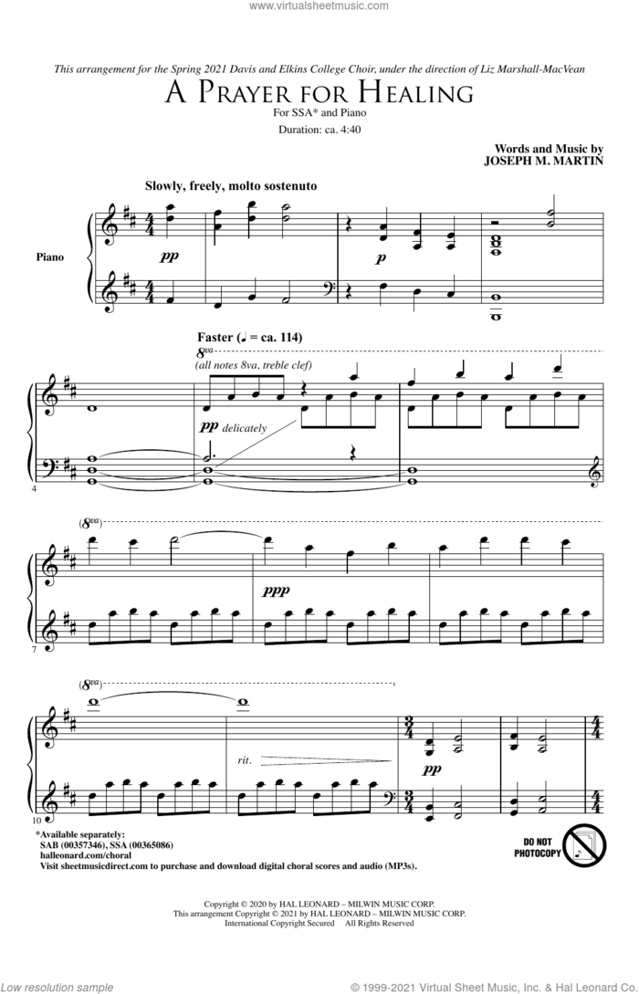 A Prayer For Healing sheet music for choir (SSA: soprano, alto) by Joseph M. Martin, intermediate skill level