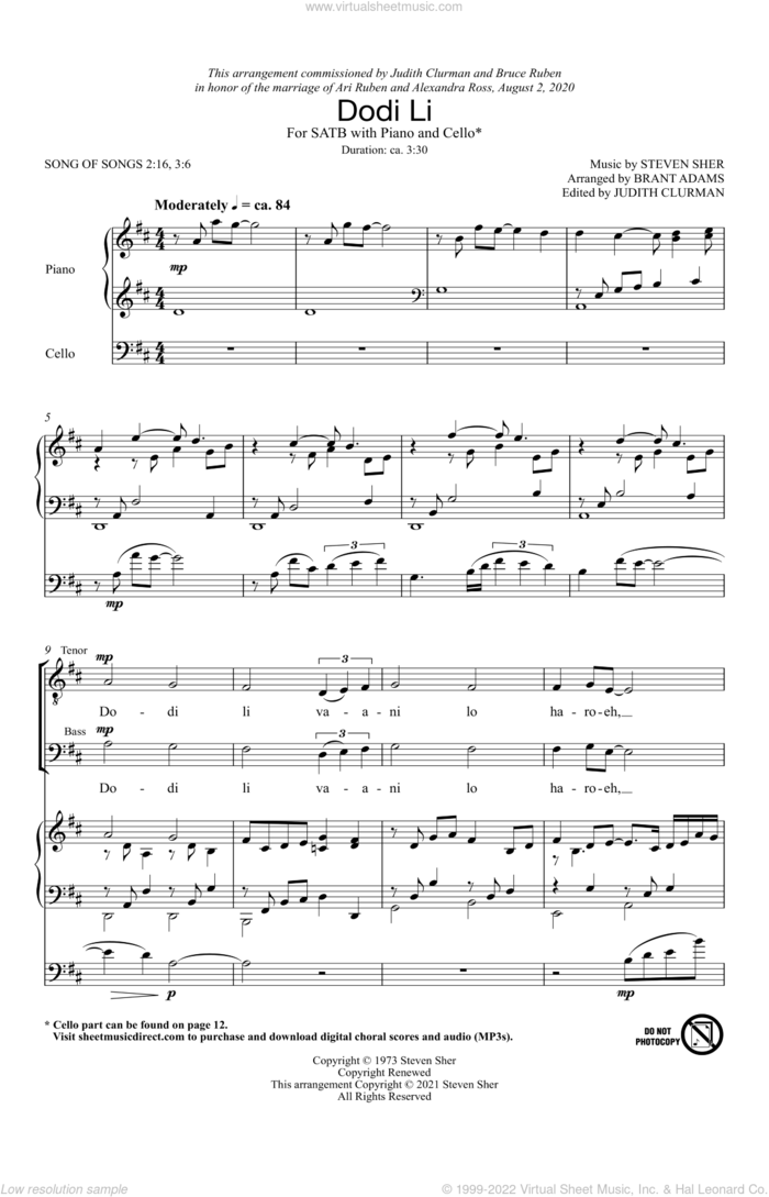 Dodi Li (arr. Brant Adams) sheet music for choir (SATB: soprano, alto, tenor, bass) by Steven Sher and Brant Adams, intermediate skill level