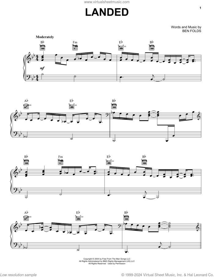Landed sheet music for voice, piano or guitar by Ben Folds, intermediate skill level