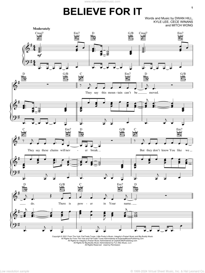 Believe For It sheet music for voice, piano or guitar by CeCe Winans, Dwan Hill, Kyle Lee and Mitch Wong, intermediate skill level