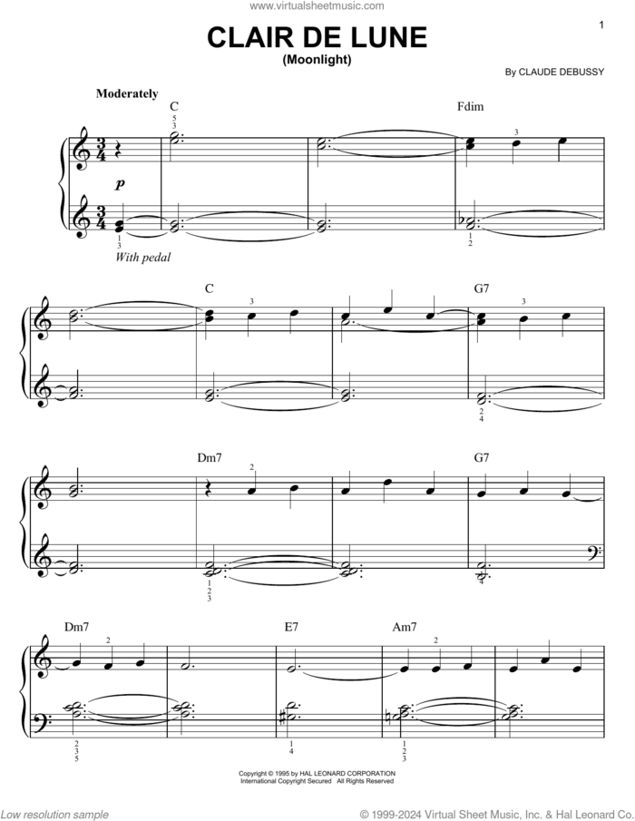Clair De Lune sheet music for voice and other instruments (E-Z Play) by Claude Debussy, classical wedding score, easy skill level