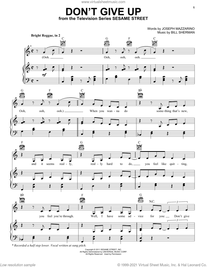 Don't Give Up (from Sesame Street) sheet music for voice, piano or guitar by Bruno Mars, Bill Sherman and Joseph Mazzarino, intermediate skill level