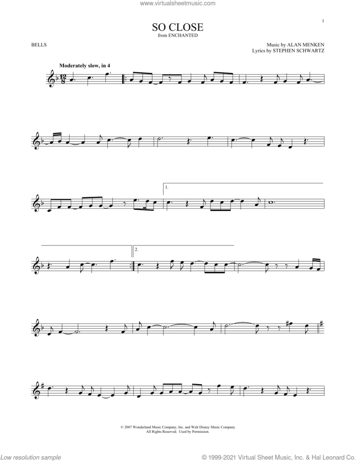 So Close (from Enchanted) sheet music for Hand Bells Solo (bell solo) by Alan Menken, John McLaughlin and Stephen Schwartz, intermediate Hand Bells Solo (bell)