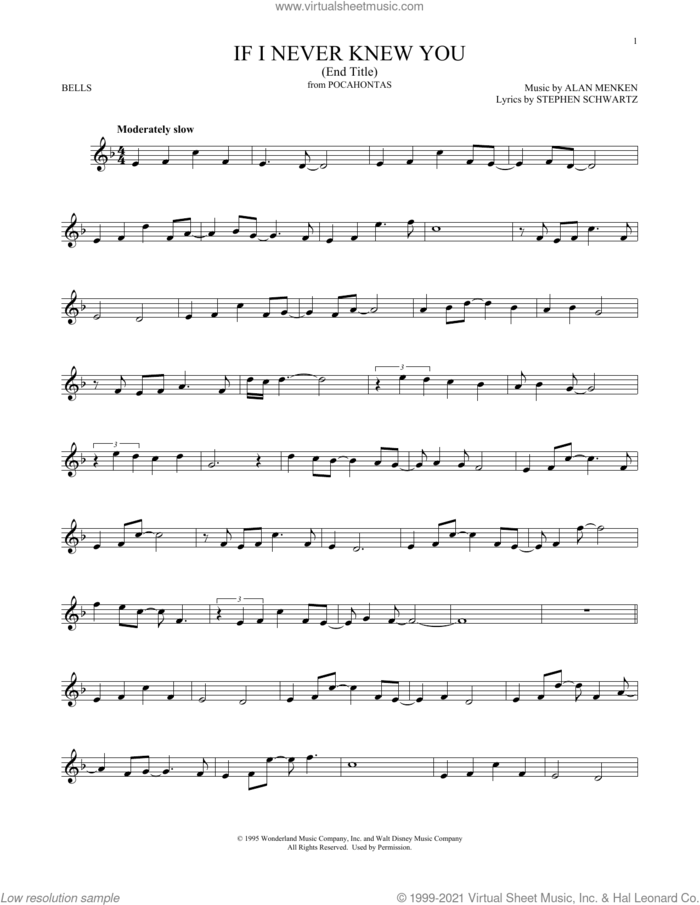 If I Never Knew You (End Title) (from Pocahontas) sheet music for Hand Bells Solo (bell solo) by Alan Menken, Jon Secada and Shanice and Stephen Schwartz, intermediate Hand Bells Solo (bell)