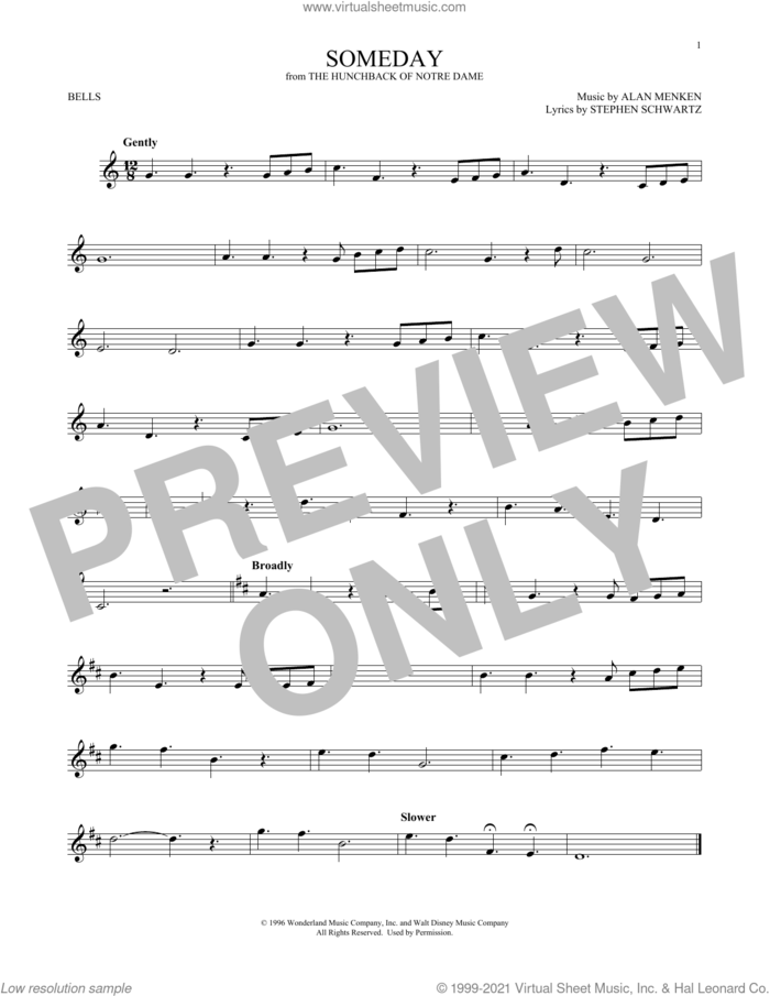 Someday (from The Hunchback Of Notre Dame) sheet music for Hand Bells Solo (bell solo) by All-4-One, Alan Menken and Stephen Schwartz, intermediate Hand Bells Solo (bell)