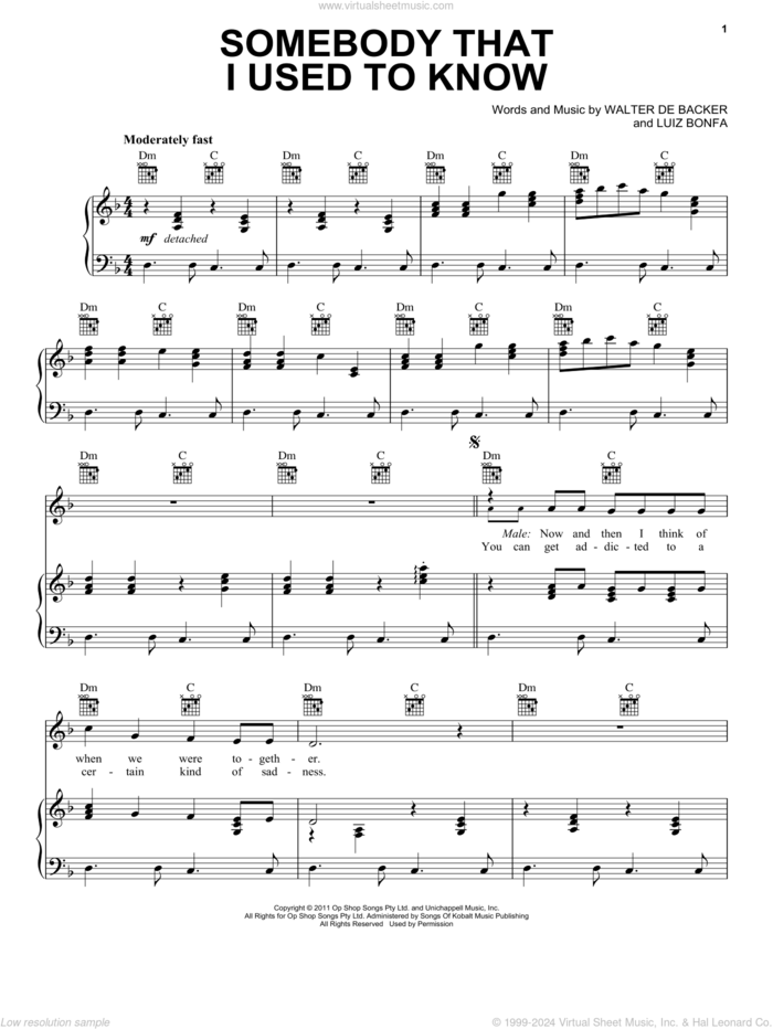Somebody That I Used To Know (feat. Kimbra) sheet music for voice, piano or guitar by Gotye, Luiz Bonfa and Walter De Backer, intermediate skill level