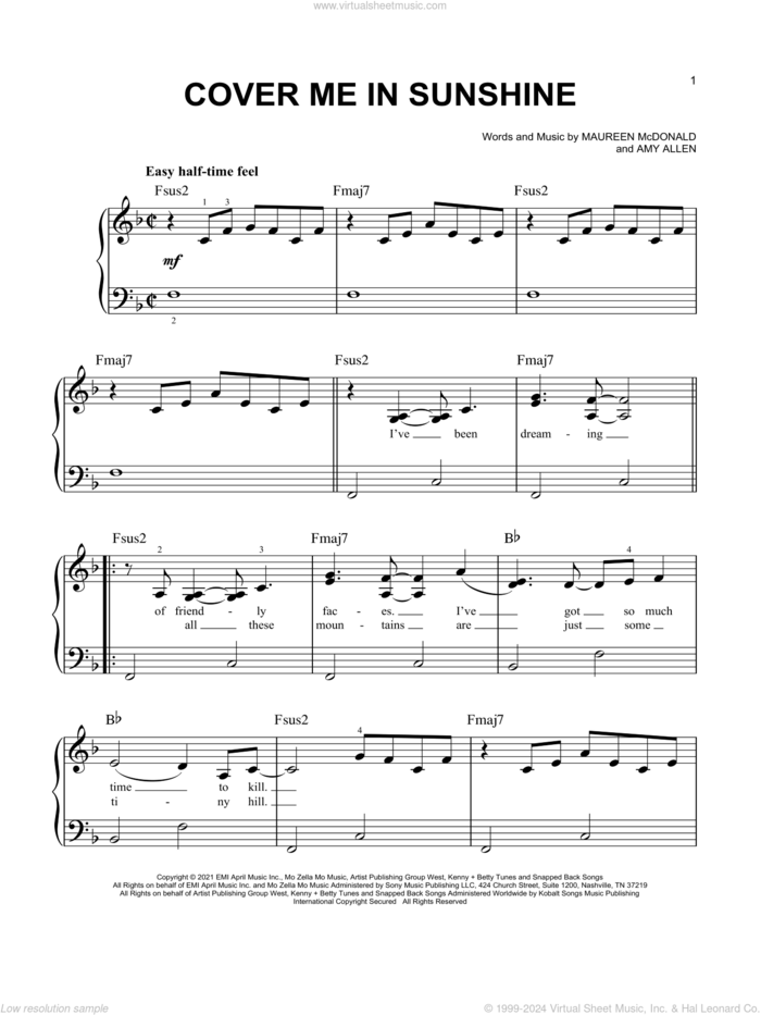 Cover Me In Sunshine sheet music for piano solo by P!nk & Willow Sage Hart, Amy Allen and Maureen McDonald, easy skill level