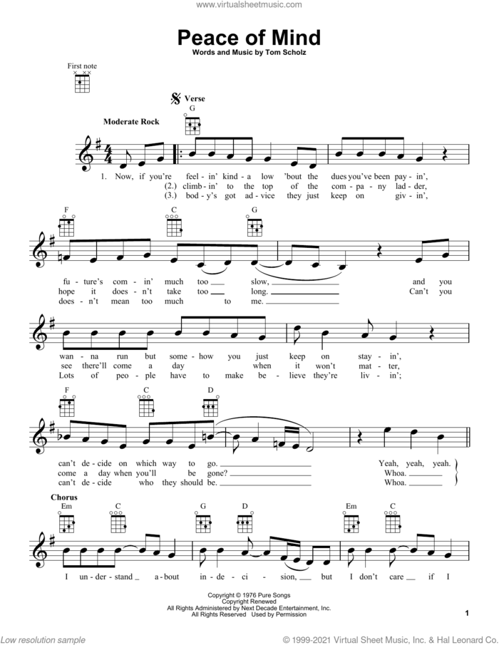 Peace Of Mind sheet music for ukulele by Boston and Tom Scholz, intermediate skill level