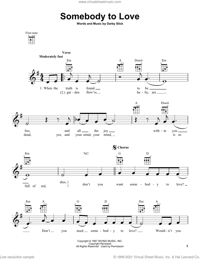 Somebody To Love sheet music for ukulele by Jefferson Airplane and Darby Slick, intermediate skill level
