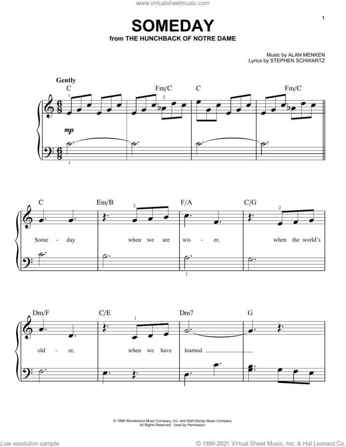 Someday (from The Hunchback Of Notre Dame), (beginner) sheet music for piano solo by All-4-One, Alan Menken and Stephen Schwartz, beginner skill level
