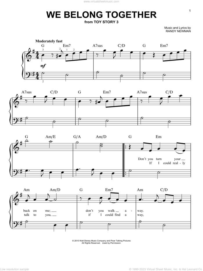 We Belong Together (from Toy Story 3), (beginner) sheet music for piano solo by Randy Newman, beginner skill level